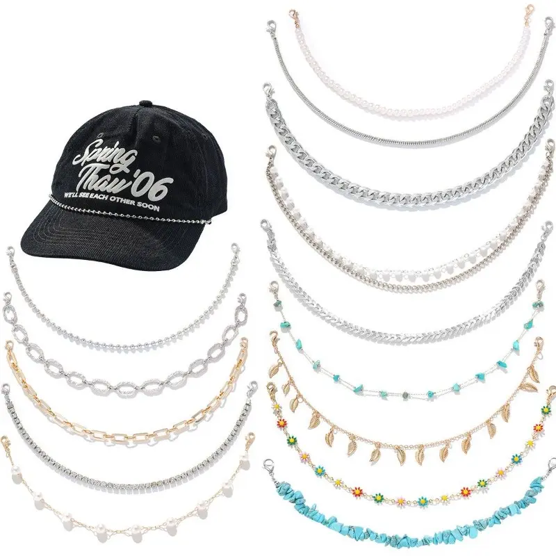 Unisex 14-Pcs Cap Chain Set - Hat Accessory with Lobster Clasp, Mix Match Pearls Turquoise, DIY Mesh Baseball Cap Jewelry for Beach, Casual Wear
