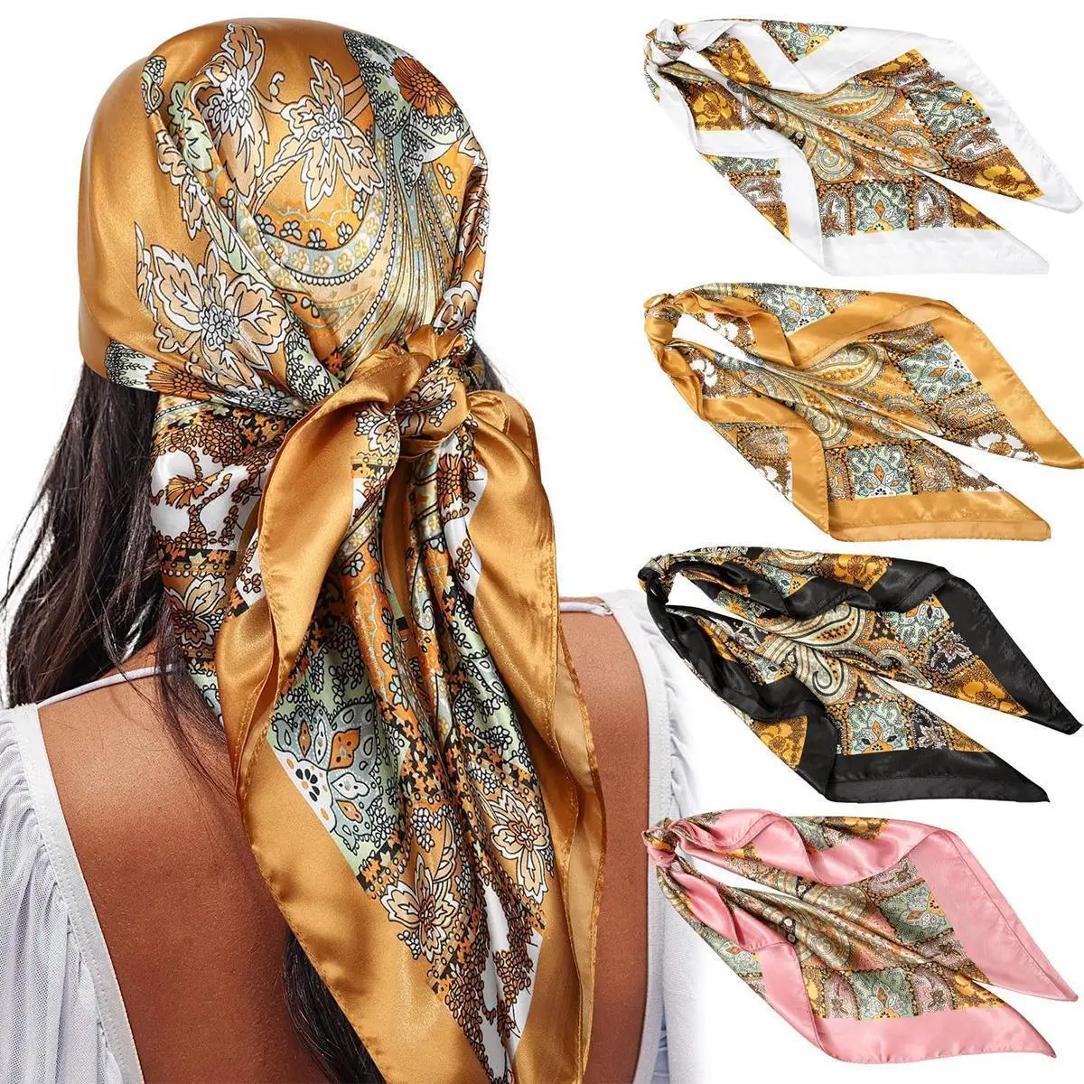 4PCS/Set 35'' Printed Square Head Scarf Neck Scarves for Women Silk Like Hair Kerchief Bandanas Neck Scarf Sleeping Head Wraps Hair Band Headscarf Fem