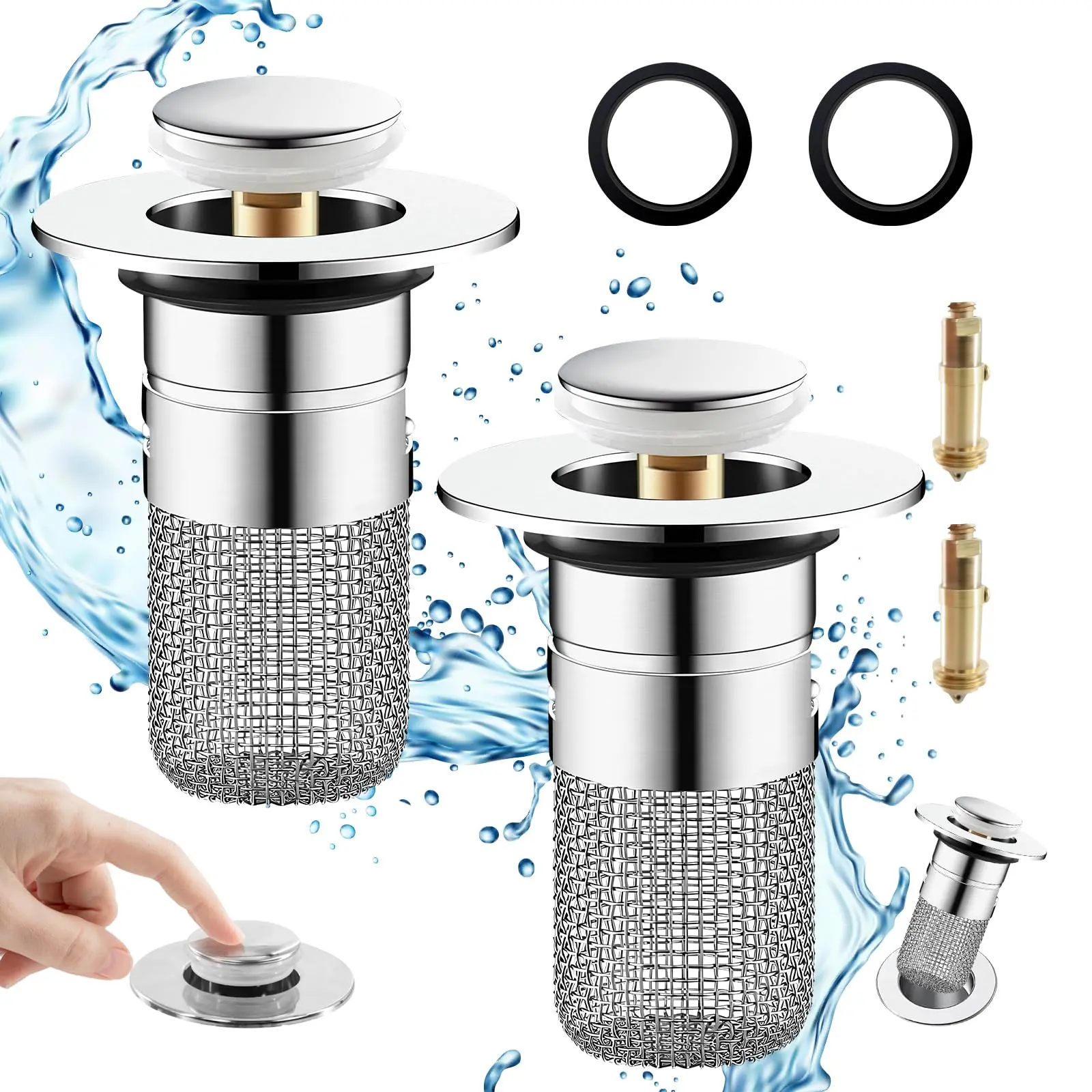 Bathroom Sink Stopper Hair Catcher - Universal Pop-Up Bath Drain Cover with Stainless Steel Filter Basket, Countertop Mesh Silver Stopper, Modern Drain Protector, Countertop Drain Stoppers
