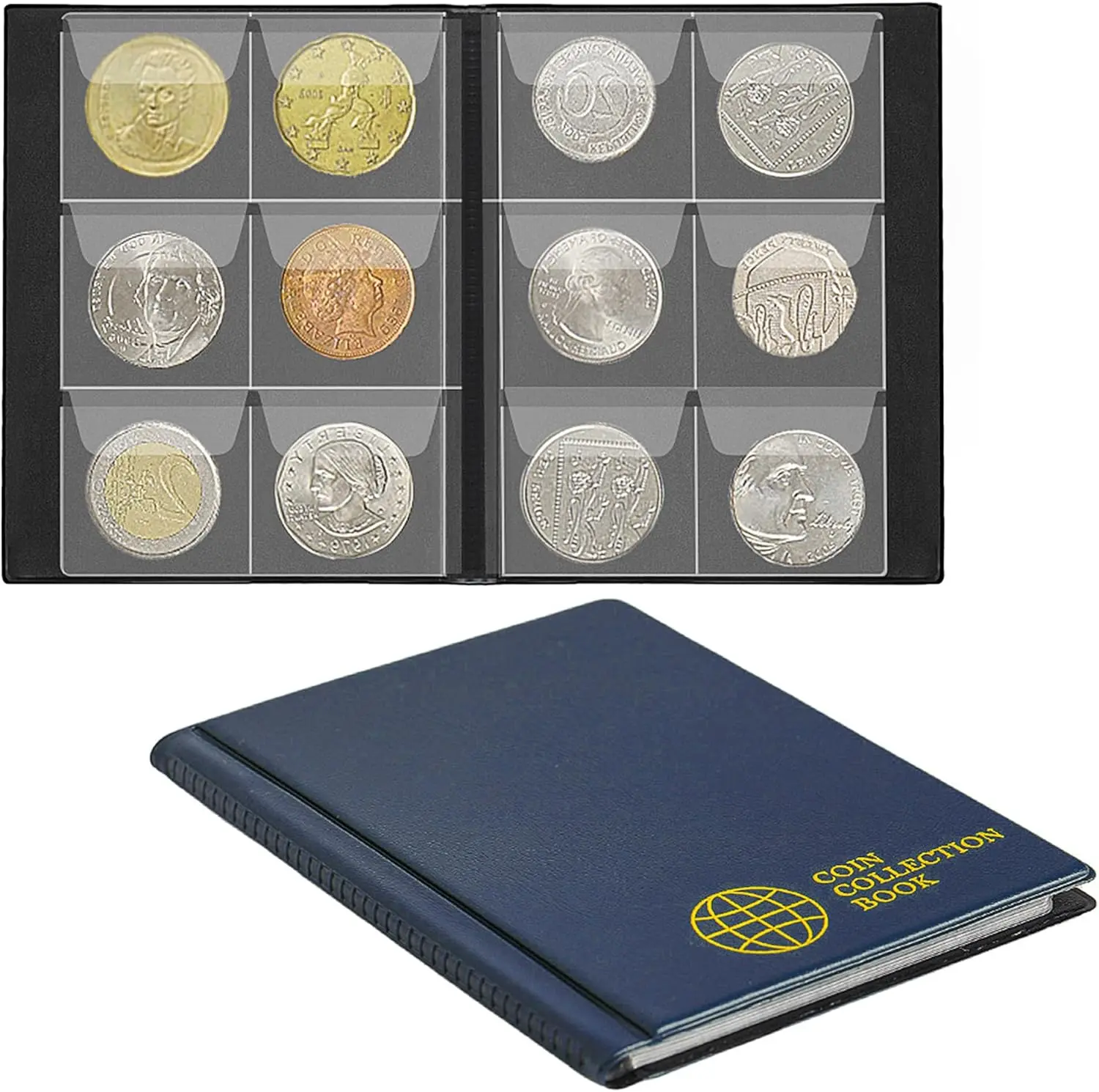 Modern Acid-Free Black Artificial Leather Coin Album with Album Cover, 60 PVC Pockets (30x30mm/1.8x1.8in), 15.2x11.5 cm Home Organizer for Coin Storage, Display
