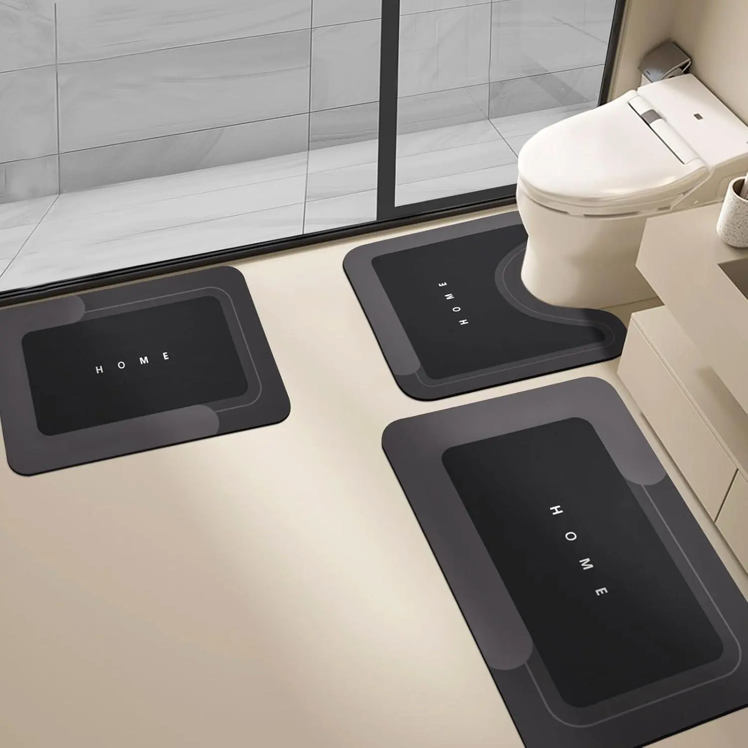 3PCS Modern Diatomite Bathroom Rug Sets - Rectangle Quick Dry Bath Tub Mat Non Slip with Rubber Backing, Comfortable, Durable, Waterproof, Ideal for Bathroom, Kitchen Sink Areas (Letter Design Included)