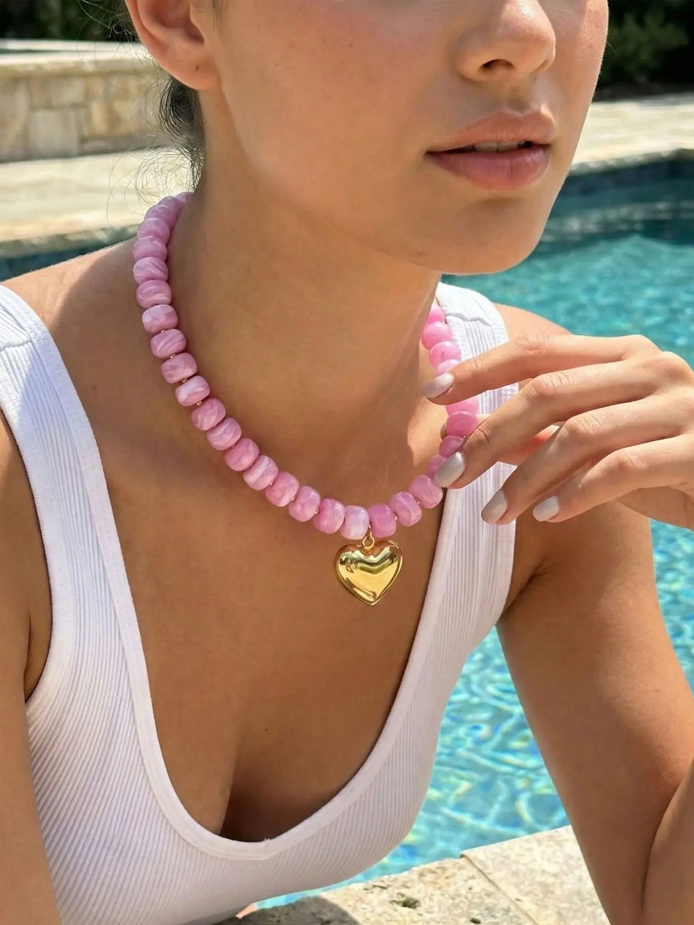 1pc Chunky Heart Necklace For Women, Colorful Acrylic Beaded Statement Puff Heart Necklace, Cute Boho Y2K Charms Choker Necklace For Gift Jewelry, Heart Pendant Necklace, Boho Style Necklace