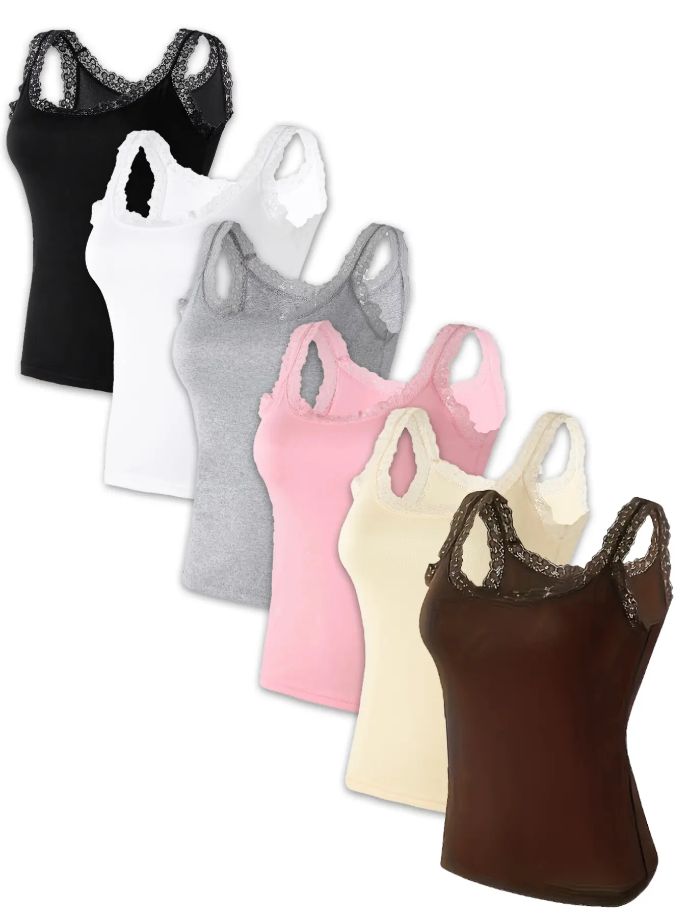 Lace Women Sleeveless Camisole Set, Casual Chic Sleeveless, Features lace trim on neckline and straps, creating a sexy, trendy look. Soft, skin-friendly, highly elastic, suitable for everyday wear or commuting. Casual Basic Underwear Tops Camisole Shirt