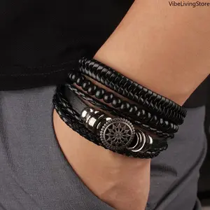 4Pcs/Set Mens Braided Leather Bracelet Pack, Vintage Tribal Rope Wristband with Wood Beads & Tree Rudder Charm