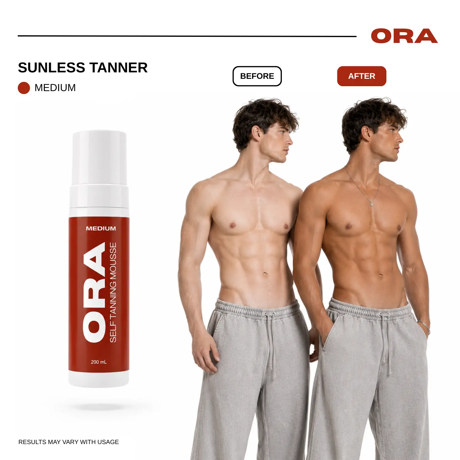 ORA Medium Self Tanning Mousse 200mL - Streak-Free Sunless Tanner for Men, Natural Looking Fake Tan, Muscle-Defining, Fast-Drying, Non-Sticky, Vegan & Cruelty-Free