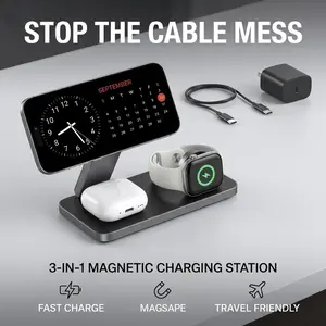 3-in-1 Foldable Magnetic Wireless Charger Stand For Apple iPhone 16 15 14 Pro Max Watch AirPods, 25W Fast Charging Station With Adjustable Angles, Slim Portable Desk Organizer, Aesthetic Room Decor Tech Gadget Gift