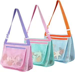 3 Pack Kids Beach Mesh Bag for Seashell Collecting – Adjustable Shoulder Strap, Sand Toy Storage Tote, Swim & Travel Beach Accessories for Boys & Girls