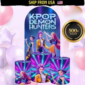 Cartoon Kpop Arch Backdrop Cover + 3 cylinders covers Birthday Backdrop