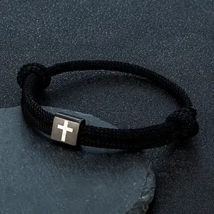 Handmade Nautical Navy Ocean Rope Bracelet Stainless Steel Square Cross Adjustable Rope Surfing Bracelet Gift For Family