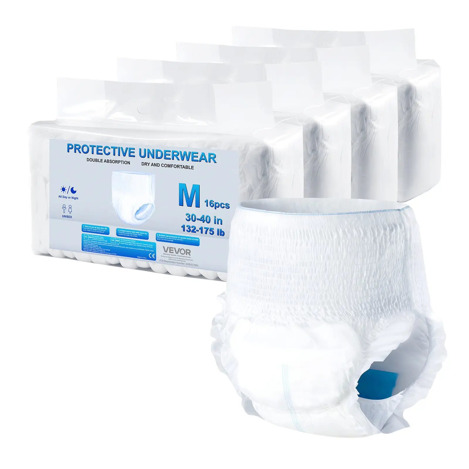 【Summerfinds】VEVOR Unisex Disposable Adult Incontinence Pull-Up Underwear, Soft Elastic Waist, Lightweight Breathable Easy-Wear, Leak-Proof Leg Cuff, Moisture Indicator, 30-40 Inch, 900ml Capacity - M Size, 64 Count (4 Pack of 16)