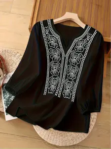 Elegant Plus Size Women's New Shirt, Casual Floral Embroidery Round Neck Long Sleeve Button Up Blouse, Pure Color Fashion Top