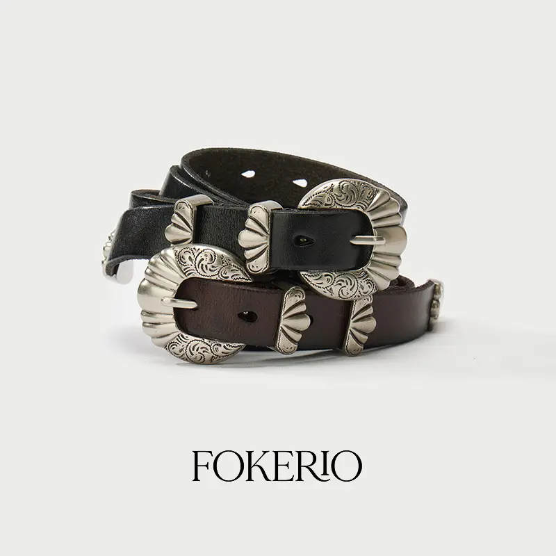 FOKERIO Women's Western Belt Top Grain Leather Women's Belt for Jeans Trousers  Vintage Silver Engraved Belt Buckle Classic Black Brown Cowgirl Belt