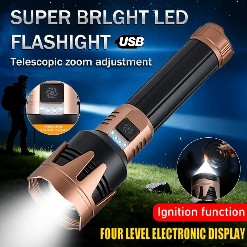 Most Powerful Rechargeable Flashlight, 5000Mah Built-In Battery Handheld Spotlight with Concentrated Ignition Lens & Power Display, 5 Adjustable Modes, Aluminum Alloy Body, Matte Black & Brown, Gift Box Set for Home & Travel