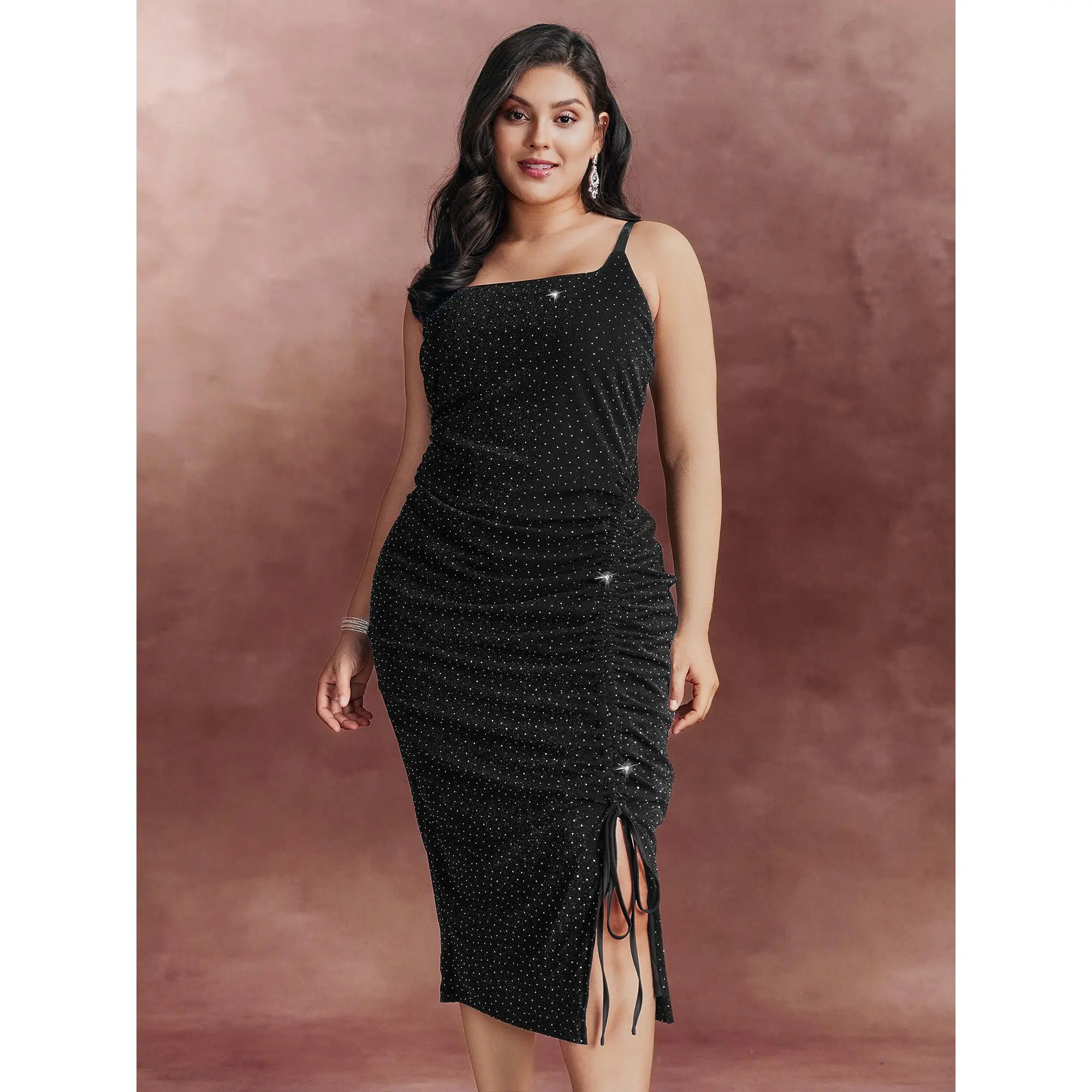 BloomChic Women's Plus Size Rhinestones Mesh Bodycon Dress - Sleeveless, Ruched Drawstring Midi, Breathable Polyester-Elastane Fabric, Flattering Bachelorette & Watch Party Wear, Bump Friendly, Summer Stylish Garment, Simple, Spandex, Plus Size Fashion, F