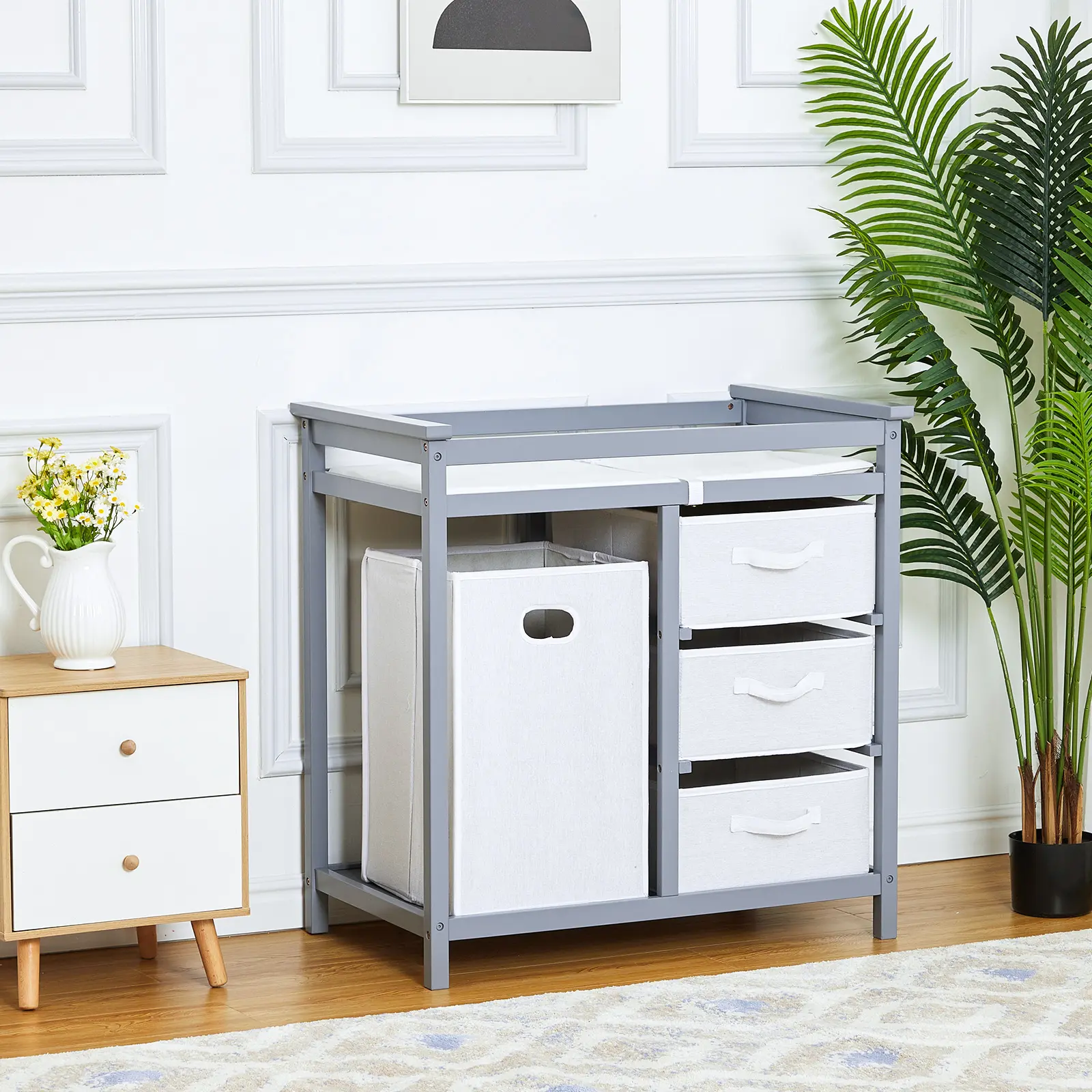 Baby Changing Table, Diaper Changing Table,Wooden Infant Diaper Station Dresser with Laundry Hamper, Modern Storage Cabinet with 3 Drawer Basket- Storage Organizer for Baby Clothes, Diapers & Toys, Grey/Brown