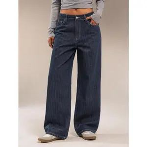 Winter Women Straight Leg Low-Waist Jacquard Striped Washed Dark Denim Pants, Autumn/Winter Low Rise Baggy Jeans Can be used with raincoat
