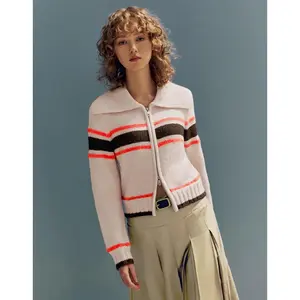 URBAN REVIVO 2026 Spring New Women's Long-Sleeve Knit Sweater - Zipper-Front, Striped Multi-Color, Casual Cropped Collared, Stretchy, Flattering, Comfortable, Stylish Clothes with Long-Sleeve Style UWU940023
