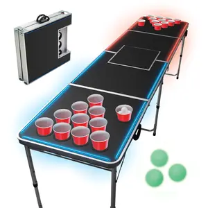 LED Portable Pong Table with Built-in LED Lights Adjustable Height Legs Cooler Bag & Cupholders for Outdoor Parties