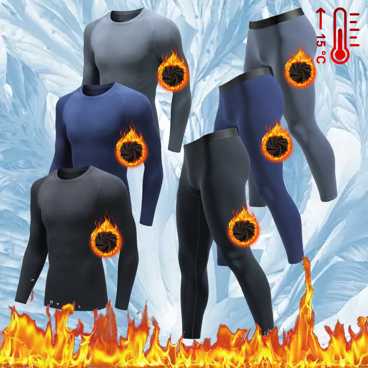 Men's Thermal Underwear Set, 6-Piece Plain Fleece-Lined Base Layer, Lightweight Sportswear with Long Sleeve Round Neck Tops for Winter Fitness, Activewear, Christmas, Crew Neck, Clothes, Polyester