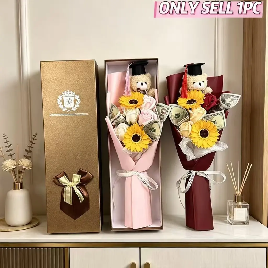 19-Inch Graduation Bear Bouquet, Rose Sunflower Soap Flower Money Bouquet, Mini Plush Graduation Bear, Party Gift Box for Kids, Graduation Gifts