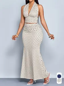 Summer Elegant Sexy Chic Women's Polka Dot Crop Halter Neck Top Set with High Waist Slim Fit Skirt, Casual for Vacation Travel Party Date