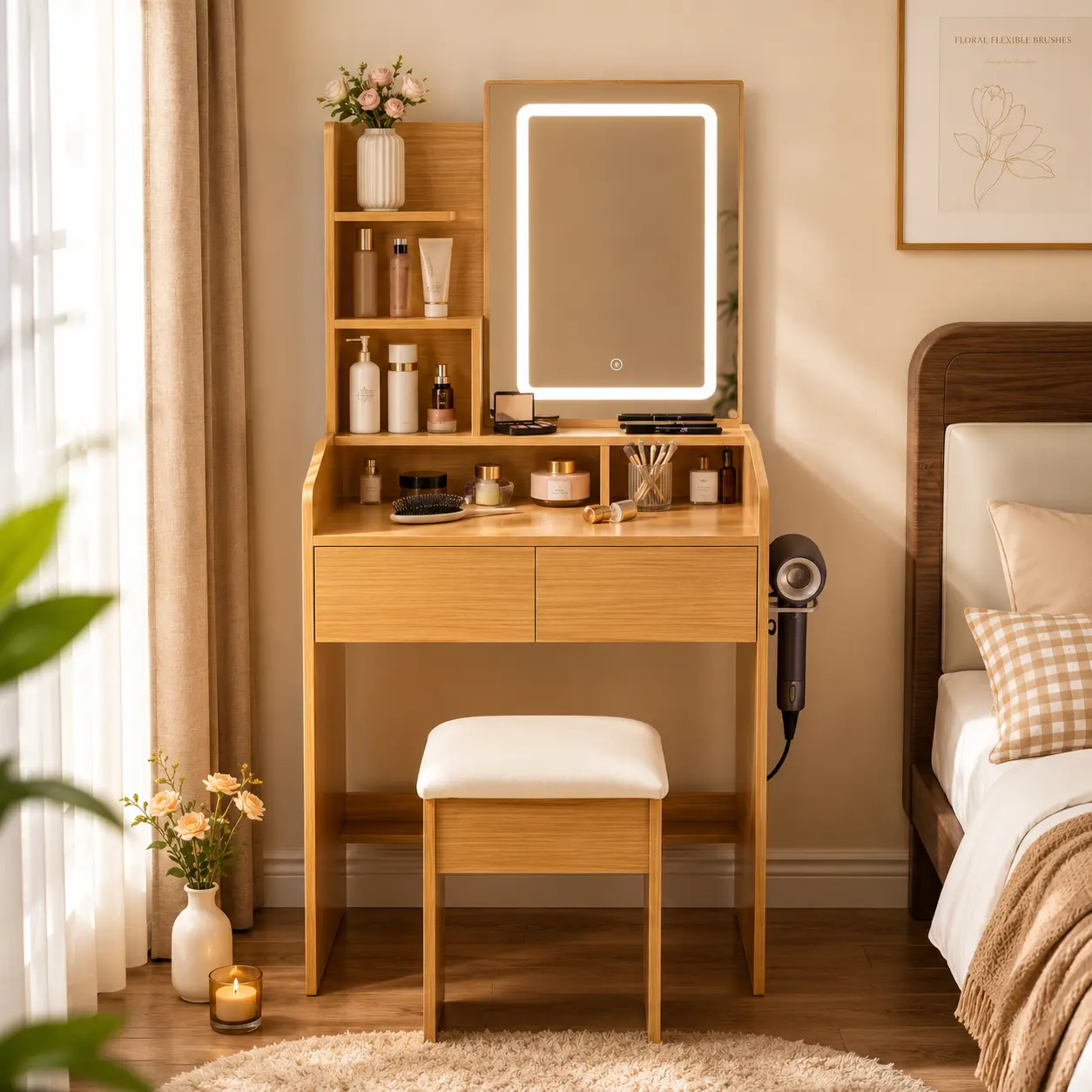 Small Bedroom Wood Dressing Desk - Compact Vanity with LED-Illuminated Mirror, Power Outlet, Hair Dryer Holder and Matching Stool