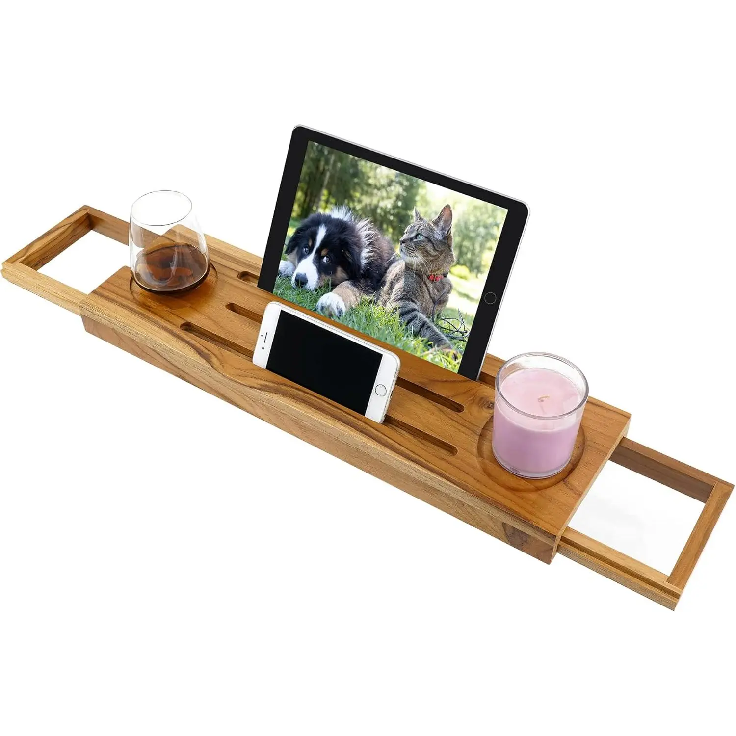 Teak Bathtub Tray Caddy - Expandable Bath Tray - Adjustable Organizer Tray for Bathroom - Luxury Bath Caddy Tub Table, Bathtub Accessories & Bathroom Gadgets