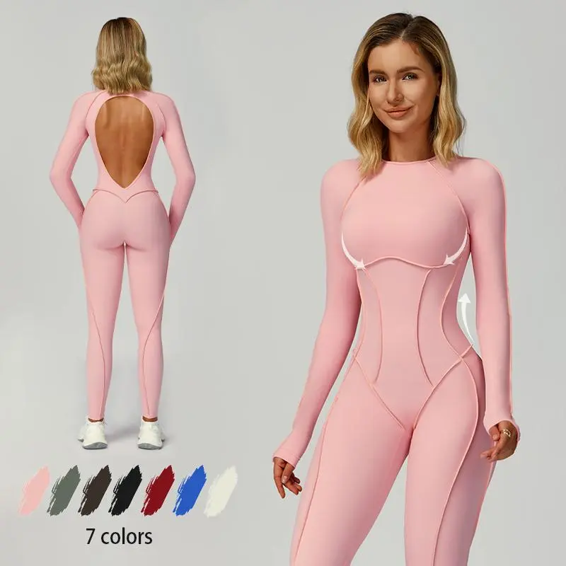 NVWA Women's Seamless Knit Nylon-Spandex Tummy Control Jumpsuit - Backless, Compression Long Sleeve, Sporty Comfy Workout Romper Overalls with Tennis Skirt, Shorts, Tie-Front Tracksuit for Gym, Hiking Workout Gym Clothing tiktokshopbacktoschool