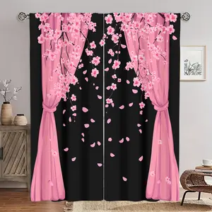 [2pcs Cherry Blossom Curtains] 2pcs Romantic Pink Cherry Blossom Print Curtains | Semi-Transparent Polyester, Rod Pocket, Machine Washable | Elegant Spring Decor for Bedroom, Study, Japanese Tea Room, Living Room