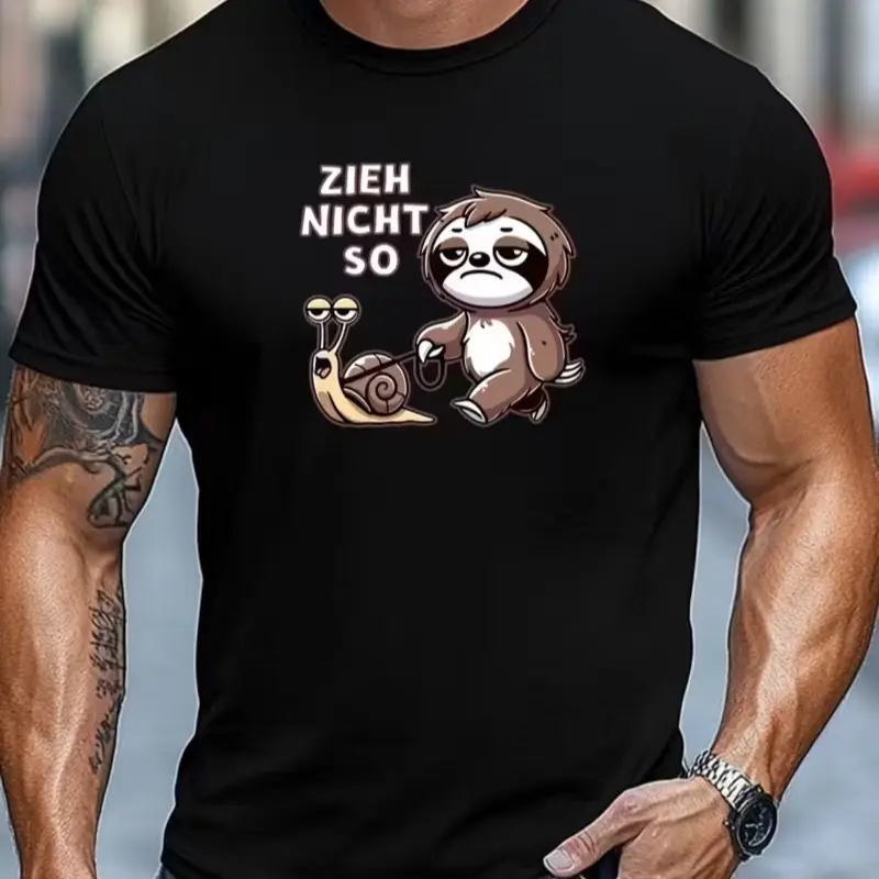 Unisex Funny Sloth Walking Snail German Text Graphic T-Shirt, Cute Animal Meme Casual Short Sleeve Tee