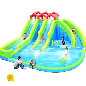 7-in-1 Inflatable Water Park with 3 Slides, Blower, Water Gun, Sprinkler, Fountain, Climbing Wall for Children