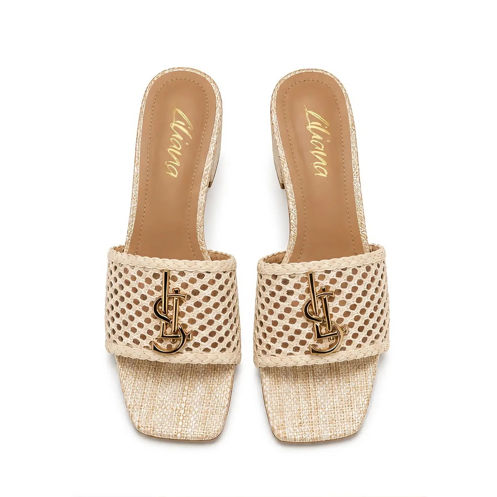 Women's Beige Woven Block Heel Sandals with Gold-Tone Detail