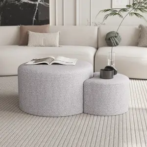 Upholstered Nesting Coffee Tables (Set of 2), Side Table, Footrest, Ottoman & Seat for Living Room Bedroom Entryway Office, Beige Yarn Dyed Fabric Footstool With Storage