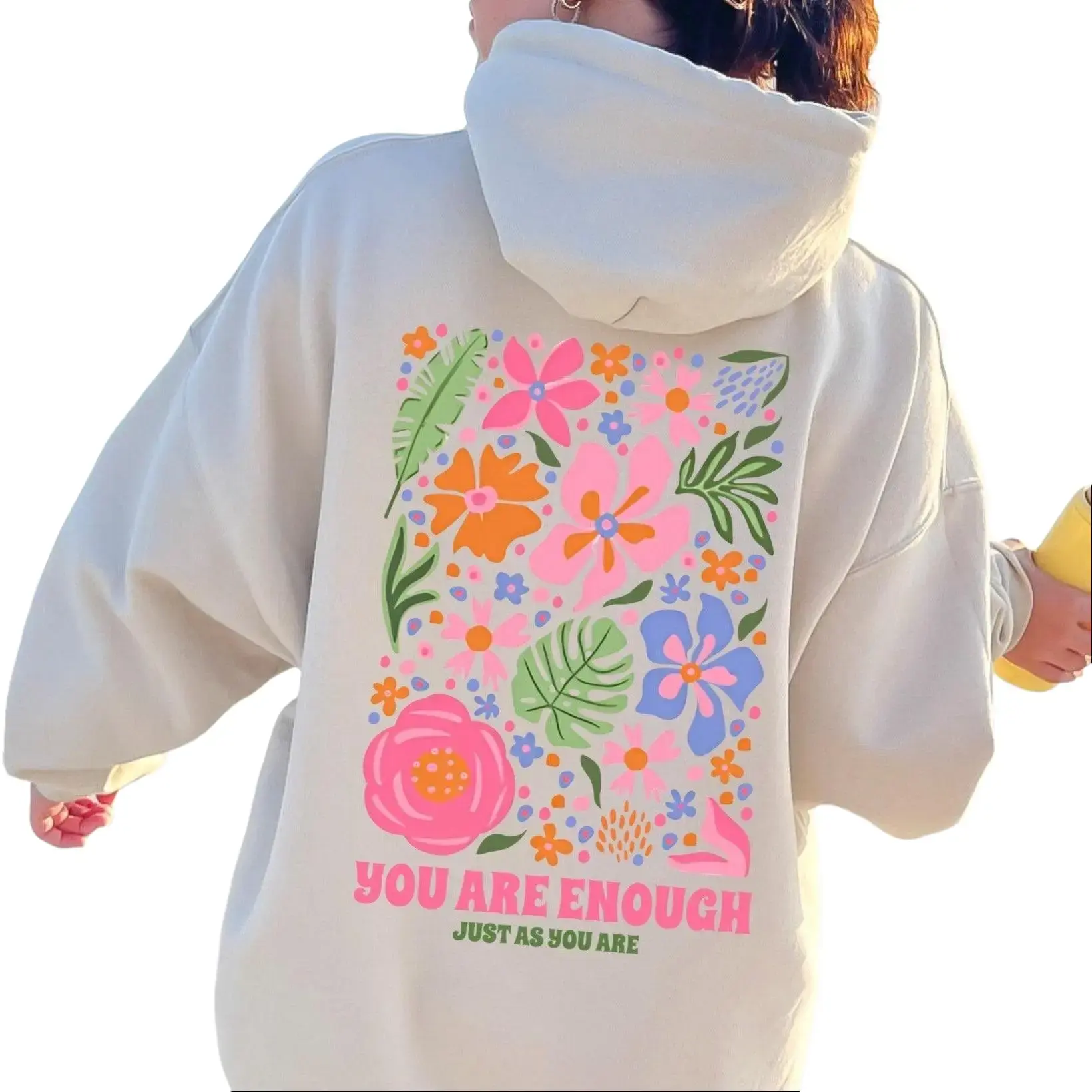 Women's Baggy Lightweight Cotton Pullover Graphic Hoodie - Lady Casual Aesthetic, Positive Vibes Only "You Are Enough" Flower Market Beach Everyday Sweatshirt