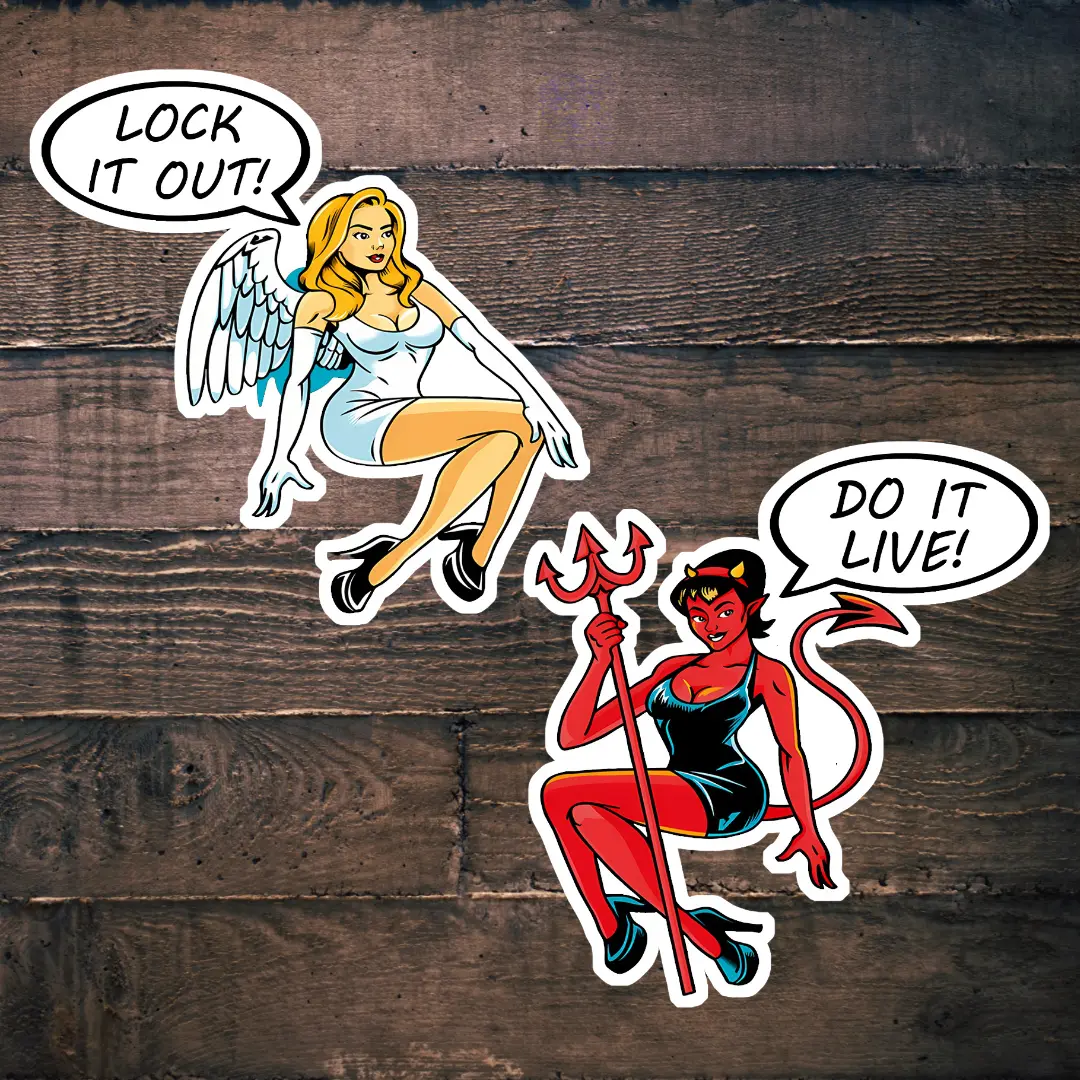 The Good Angel and The Bad Angel - Lock it or Do it Live Stickers, Lineman Hard Hat Sticker, Tool box & Water Bottle Stickers, Gift For Electrician.