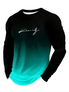 Men's Casual Basic Classic Long Sleeve Fitted T-Shirt, Ombre Gradient Color, Polyester Material, Round Neck, Crewneck, Letter Print Design, Streetwear, Menswear