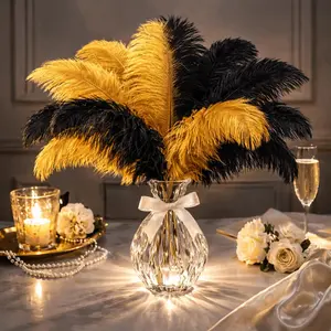 12-Piece Artificial Ostrich Feather Decor Set — Ideal for Weddings, Vases, Parties, and DIY Projects — 13–15 Inches Long — Available in Black and Gold (6 Pieces of Each Color) — Soft and Fluffy