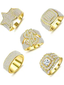 5 Pcs Golden Bling Hip Hop Thumb Ring Assortment for Women Men Dazzling CZ Fashionable Star Shape Square Shaped Ring Classic Dollar Sign Totem Punky Rapper Street Aesthetic Luxurious Golden Design Brilliant Sparkling Zirconia Stunning Bling Glamour