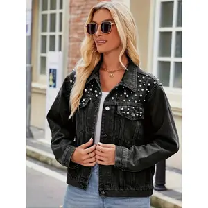 Women's Long Sleeve Denim Jackets - European-American High Street Trendy Heavy-Duty Beaded Outerwear for Ladies