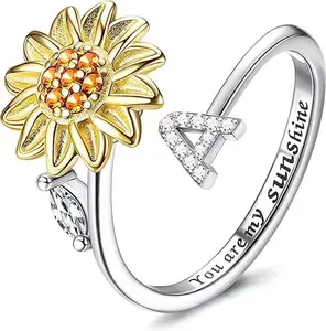 Sunflower Rotating Ring with 26 English Letters Everyday Accessory for Adults Adjustable Index Finger Jewelry