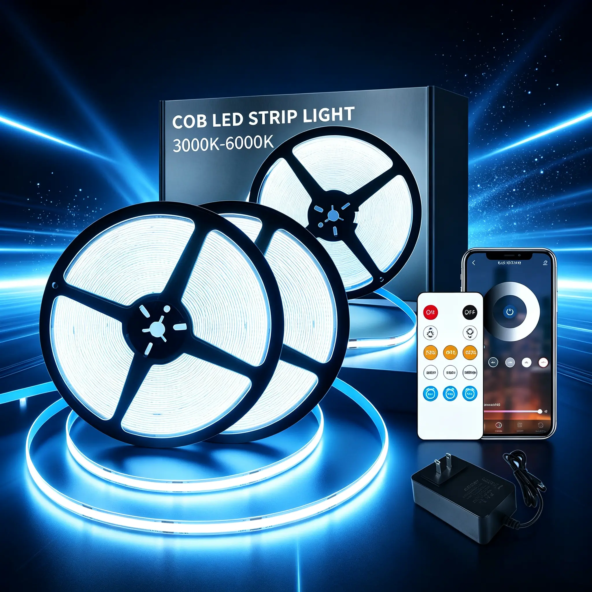 100FT COB LED Strip Lights (2 Rolls of 50FT), 3000K-6000K DC 24V Dimmable White Flexible Rope Lights, Remote & App Controlled for Bedroom, Living Room neon control