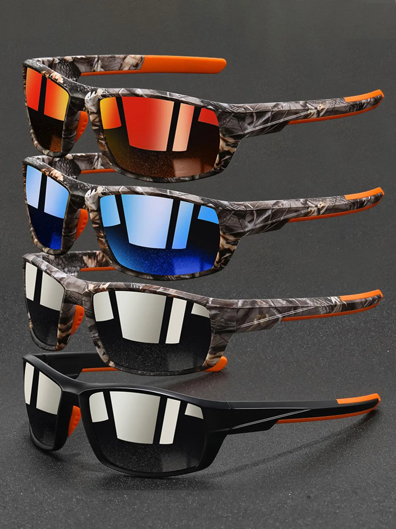 4pcs latest model square fashion sports glasses,suitable for both men and women,classic camouflage frame collocation anti slip rubber nose pad,comfortable to wear,suitable for outdoor sports such as driving,cycling,fishing,etc