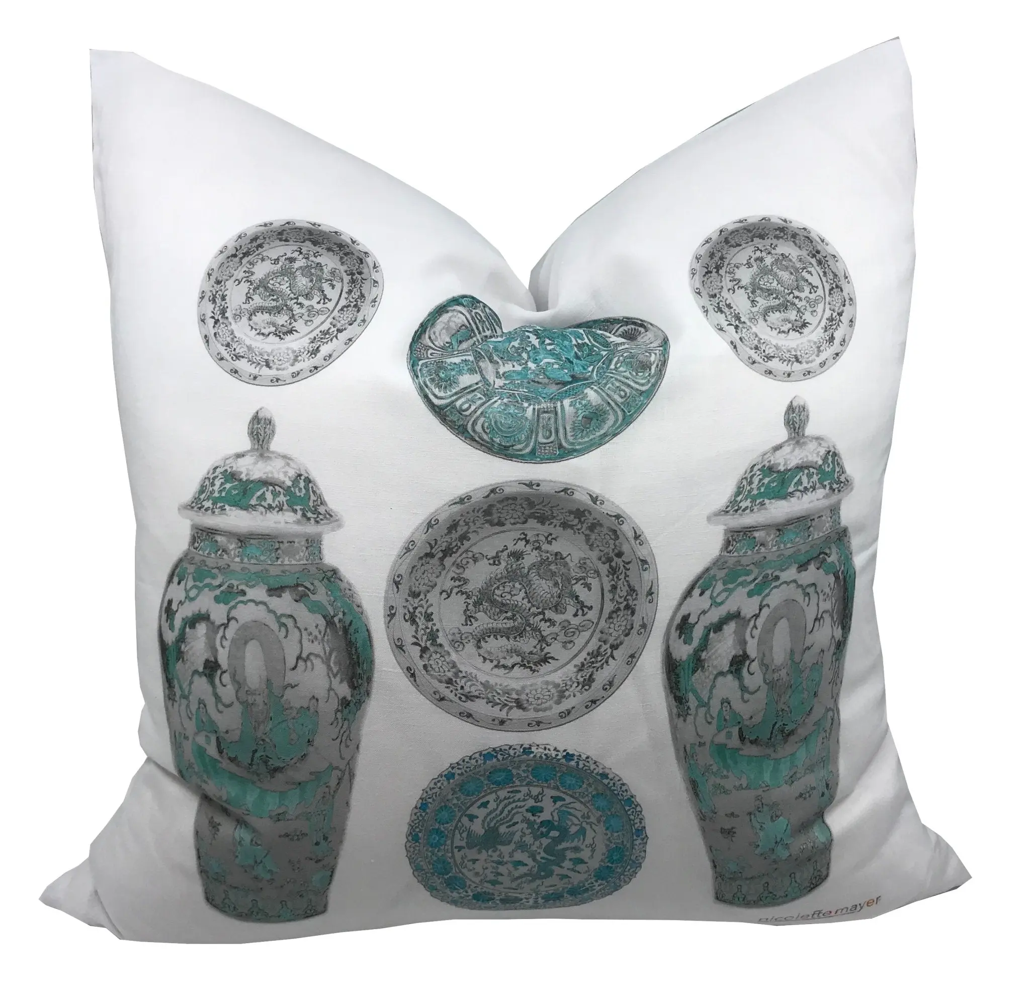 Chinois Ceramic Cerulean Linen Cotton 22x22 Square Pillow