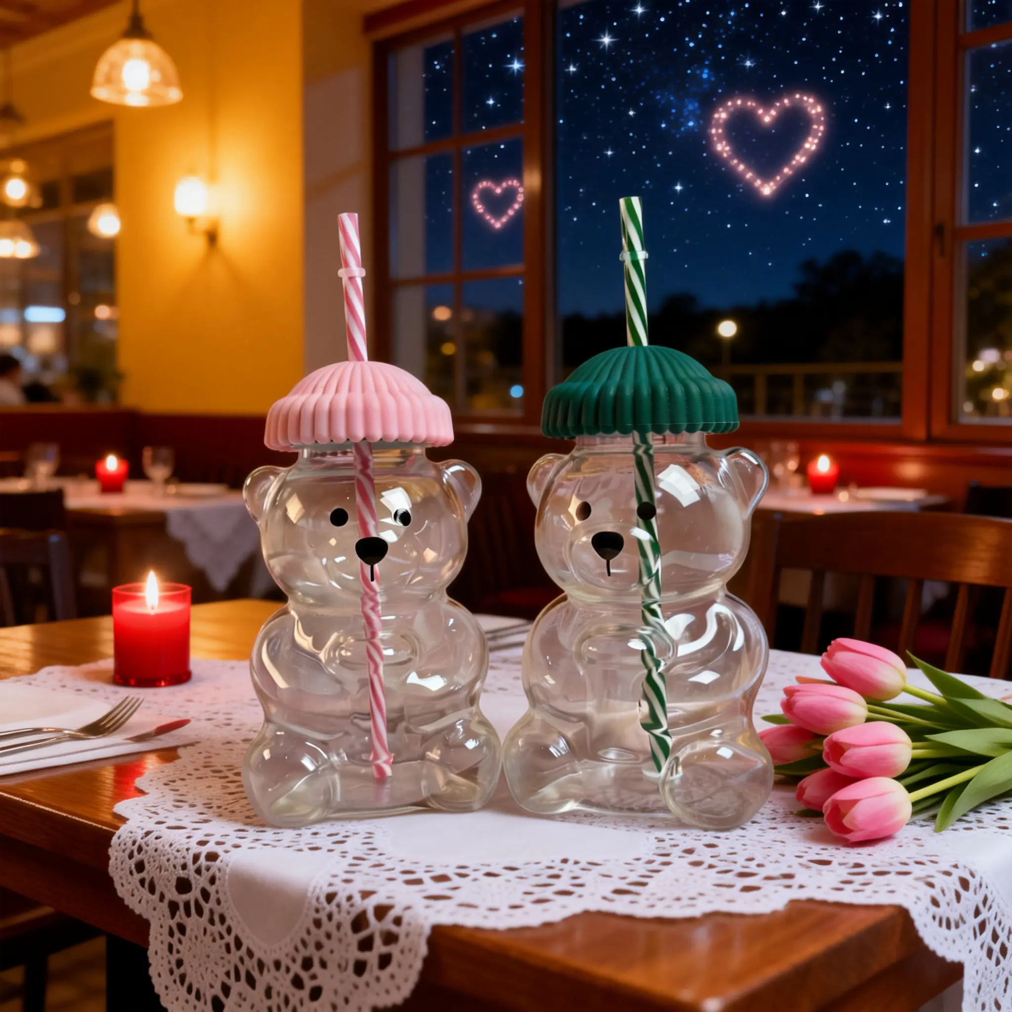 2026 Seasonal Limited Cute Bear Glass Straw Cup - Coffee Mug with Pink Lid, Bear Pattern Design, Perfect for Coffee, Tea & All Beverages Bottle Drinkware Tumblers festive coffee Fun Bear Cup
