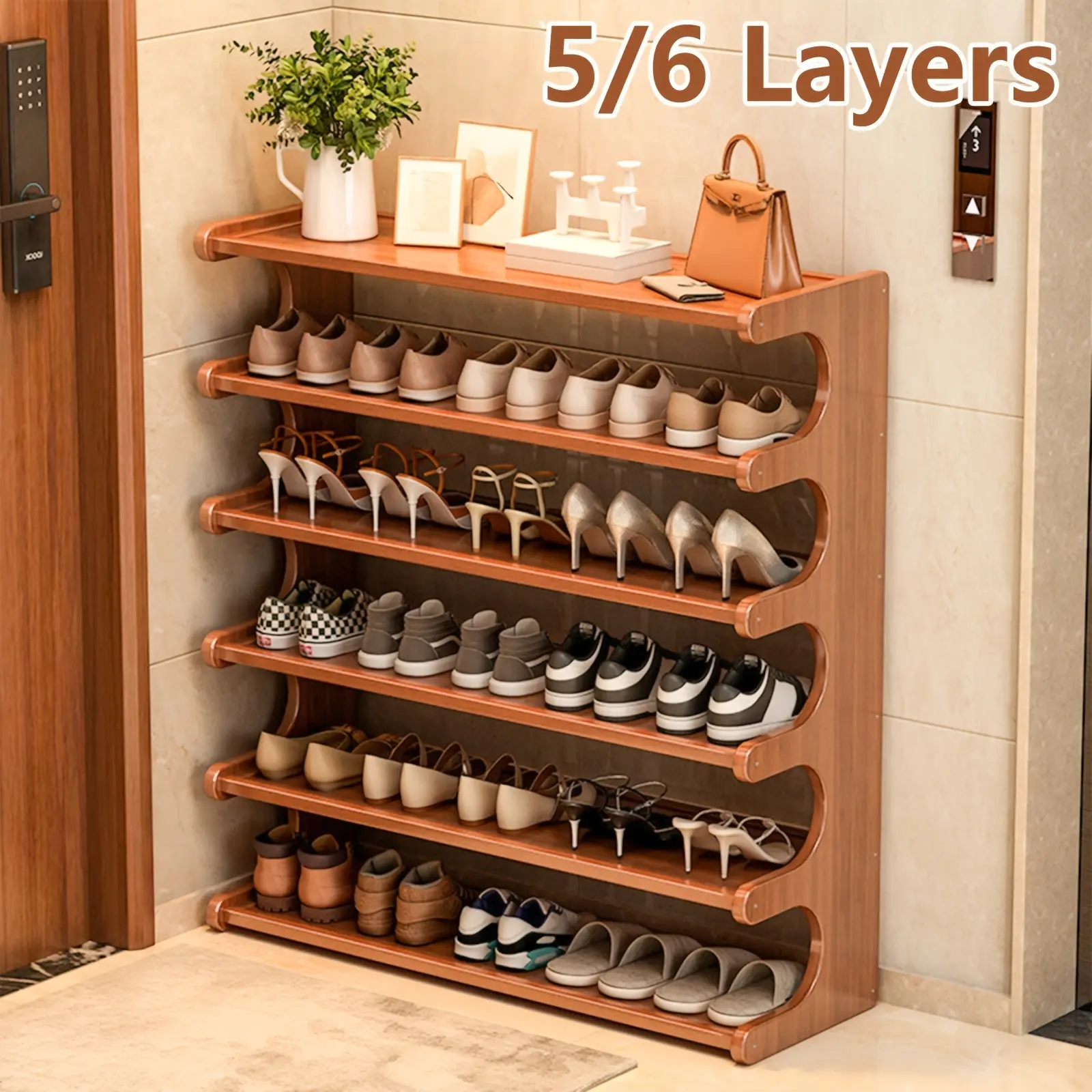 Bamboo Shoe Rack [Christmas Gift], Wood-grain finish shoe storage rack, 23" wide x 70", holds 15/24 pairs, easy to assemble, space-saving 5/6-tier shoe rack, suitable for front door entry, entryway, living room, bedroom, garage