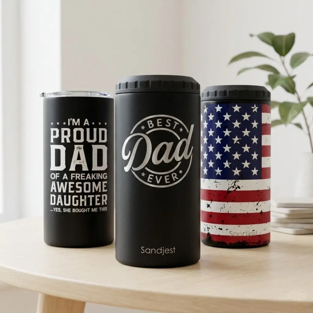 SANDJEST 4-in-1 Design Insulated Tumbler, 12oz Slim Stainless Steel Leak-Proof Portable Thermal Flask with Lid, Fits Most 12oz Drinks Cold Holder for Beer, Energy Drinks, Father’s Day Gift for Dad