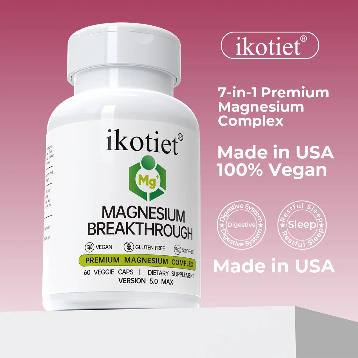IKOTIET Premium 7-in-1 Chelated Mg Magnesium Complex - 60 Vegan Safe Vegetarian Capsules - Magnesium Glycinate, Sleep Improvement, Digestion Aid, High Absorption, Detox, Cellular Repair, Weight Loss Support, Bone Support