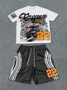 Men's High Street Racing Print Graphic Fitted Knitted Tee & Shorts Set, Activewear, Summer Casual, Fashionable Stylish Comfortable Clothing for Daily Wear Athletic Outdoor Activities