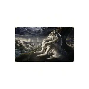 1 piece Emo White Wolf Sitting Meme Flag Tapestry Werewolf Tapestries For Bedroom Printed Home Decoration Paintings Room Wall Hanging Posters