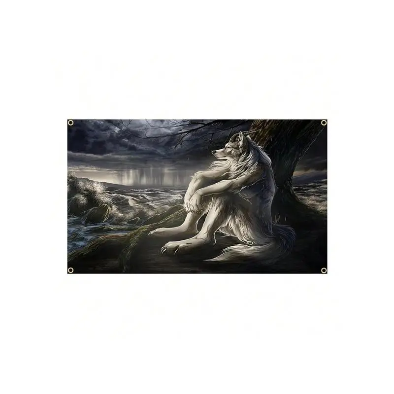 Multicolor Emo White Sitting Wolf Meme Spooky Trippy Tapestry Wall Hanging - Goth Home Supplies, 1-Piece Printed Werewolf Decor for Bedroom Inspo Wall Decor